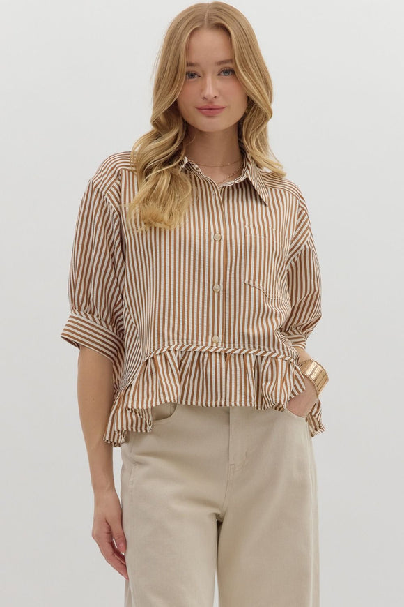 Brown Stripe Ruffle Hem Top T27230
