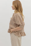 Brown Stripe Ruffle Hem Top T27230