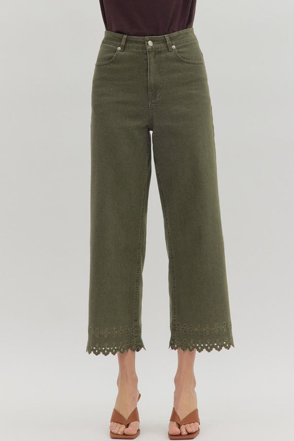 Olive High Waist Embroidered Ankle Pant P26396