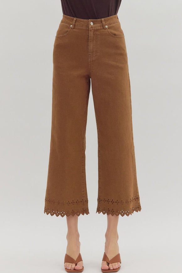 Brown High Waist Embroidered Ankle Pant P26396