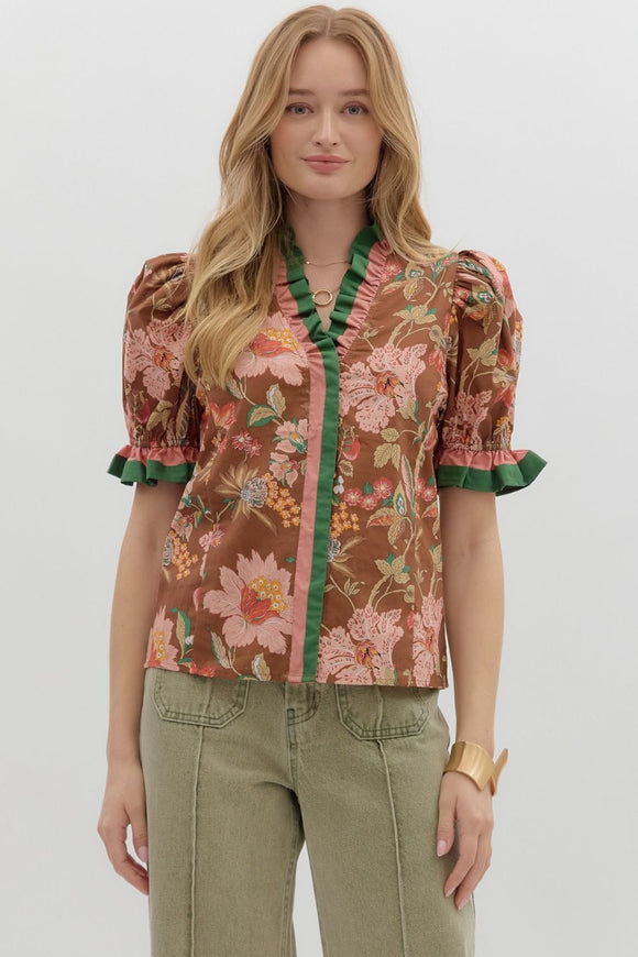 Brown Floral Puff Sleeve Top T27949