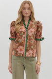 Brown Floral Puff Sleeve Top T27949