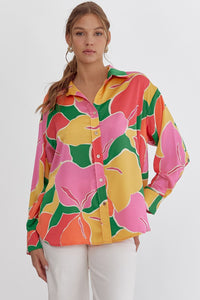 Pink Yellow Print Button Up Top