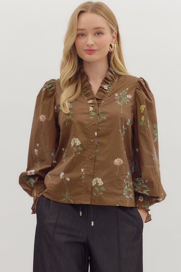Brown Floral Cuff Sleeve Top T28291
