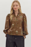 Brown Floral Cuff Sleeve Top T28291