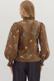 Brown Floral Cuff Sleeve Top T28291