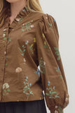 Brown Floral Cuff Sleeve Top T28291