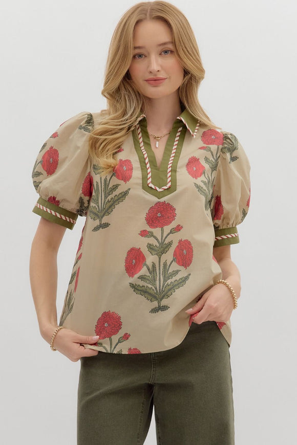 Ecru Floral Bubble Sleeve Top T27875