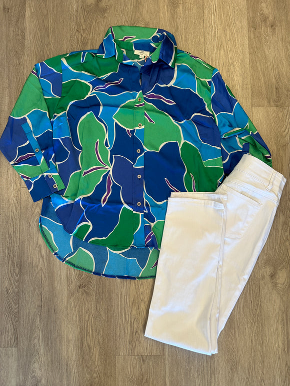 Blue Green Print Button Up Top