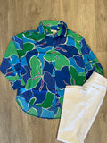 Blue Green Print Button Up Top