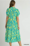 Turquoise Floral Print Tiered Midi