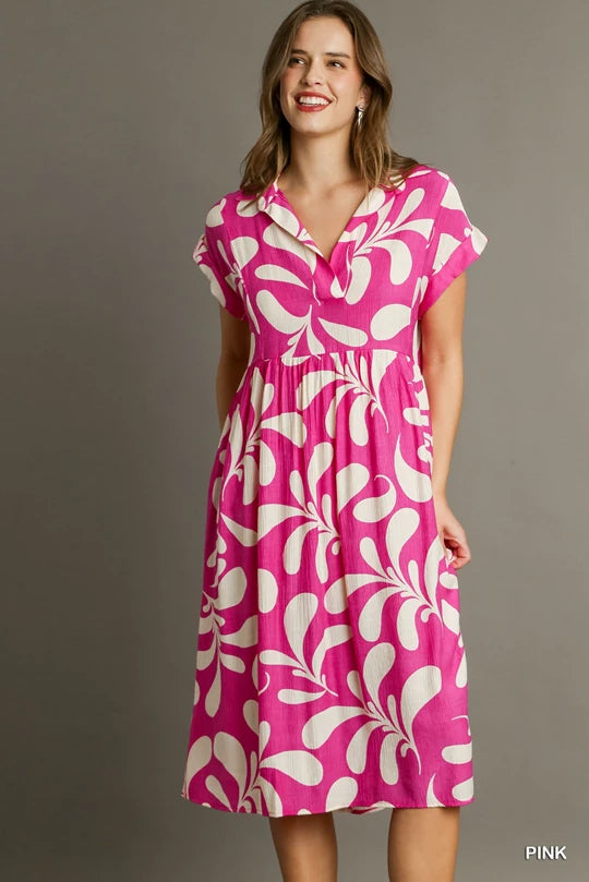 Pink Crinkle Collared Midi Dress