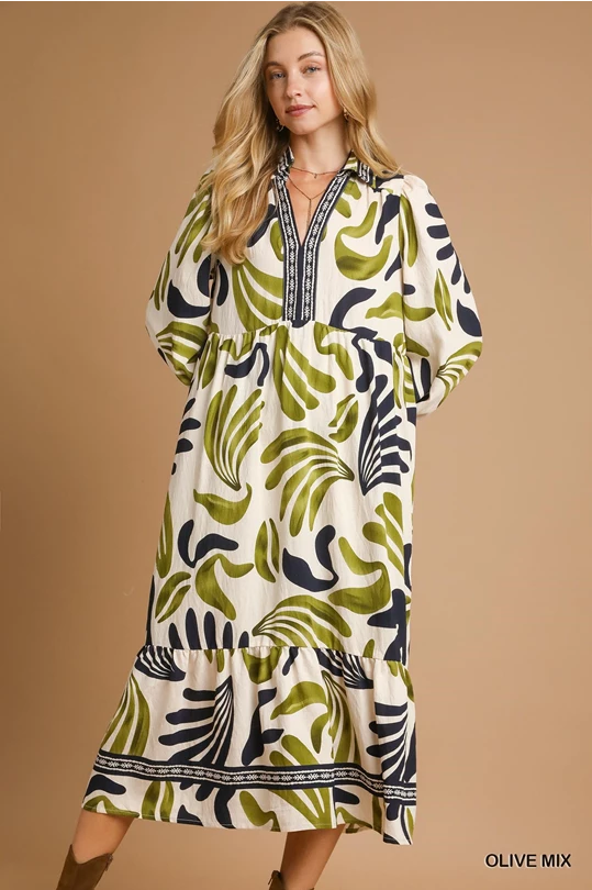 Olive Mix Boho Leafy Print Maxi C5526