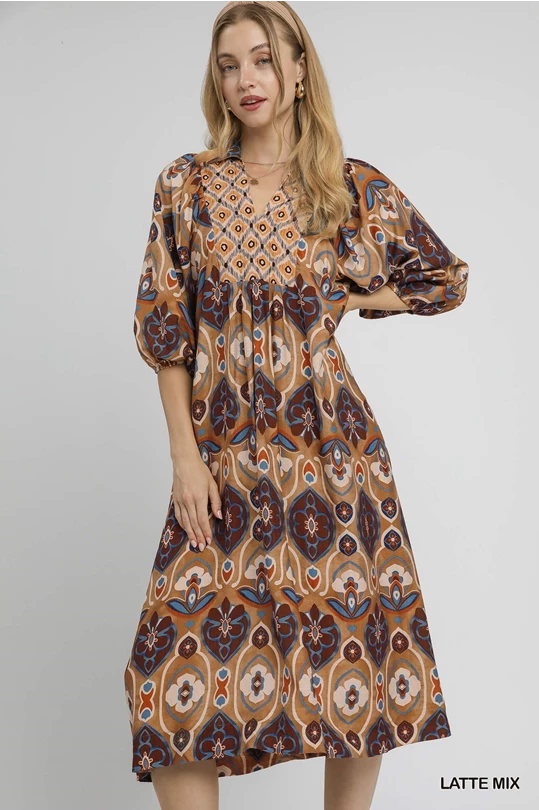 Latte Mix Print Midi Dress K1127
