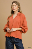 Rust Split Neck Top w/ Balloon Sleeves C5060