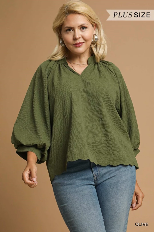 Plus Olive Split Neck Top w/ Balloon Sleeves WC5060