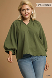 Plus Olive Split Neck Top w/ Balloon Sleeves WC5060