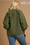 Plus Olive Split Neck Top w/ Balloon Sleeves WC5060