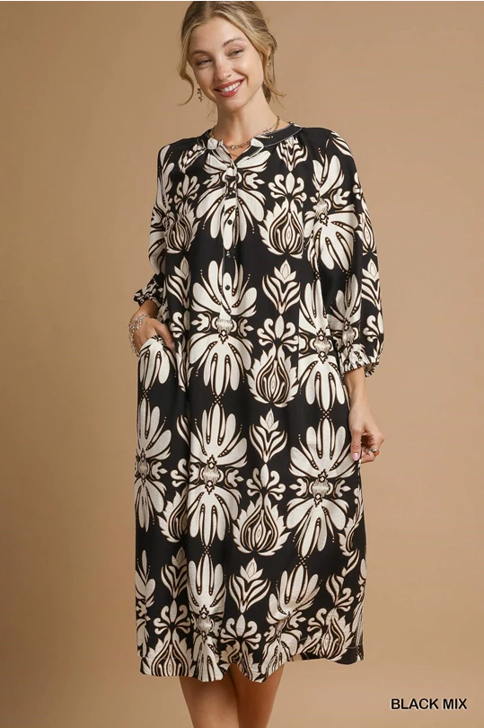 Black Mix Print Floral MIDI Dress K0756