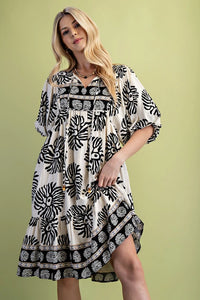 Black Mix Print Dress w/ Neck Tie TG1885