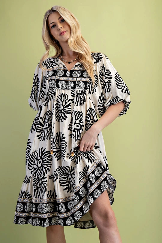 Black Mix Print Dress w/ Neck Tie TG1885