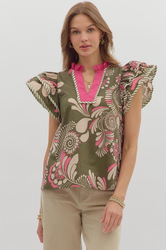 Olive Paisley Print Top T27145