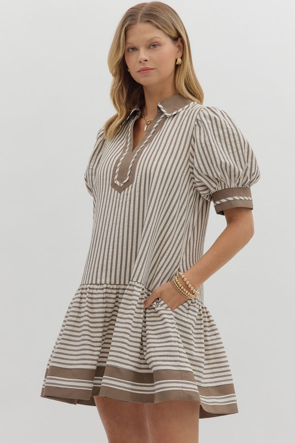 Mocha Mousse Stripe Puff Sleeve Dress D27123