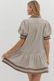 Mocha Mousse Stripe Puff Sleeve Dress D27123
