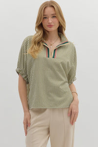 Olive Stripe Print Dolman Top T25970