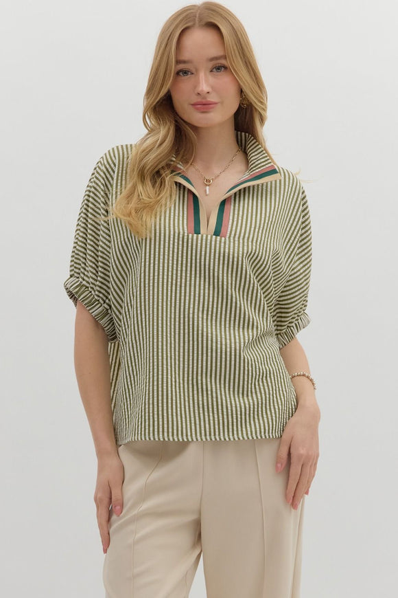 Olive Stripe Print Dolman Top T25970