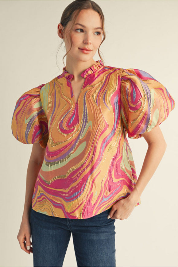 Mustard Mix Puff Sleeve Top G14801
