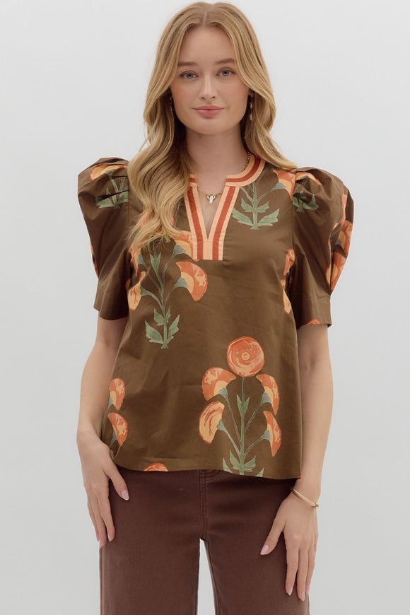 Brown Floral Print Puff Sleeve Top T26120