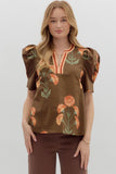 Brown Floral Print Puff Sleeve Top T26120