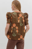 Brown Floral Print Puff Sleeve Top T26120