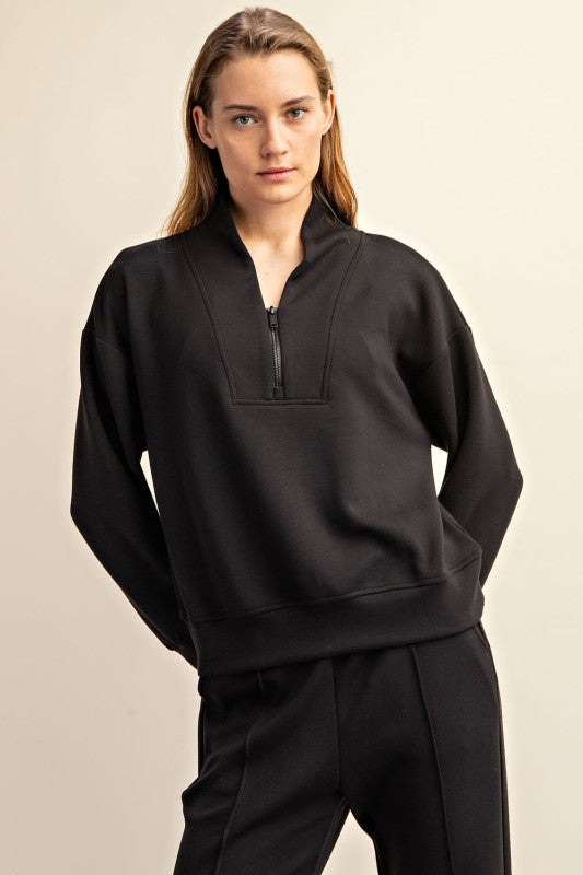 Black Modal Scuba Luxe V-Neck Pullover J3103