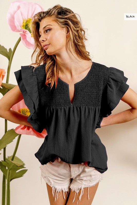 Black Shirred Bodice Ruffle Sleeve Top
