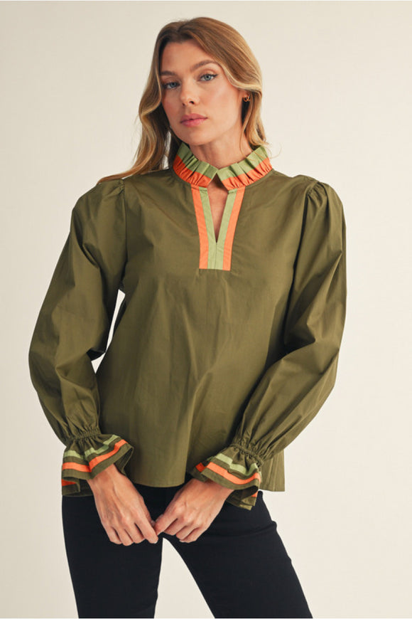 Olive Ruffled Long Sleeve Top H12565