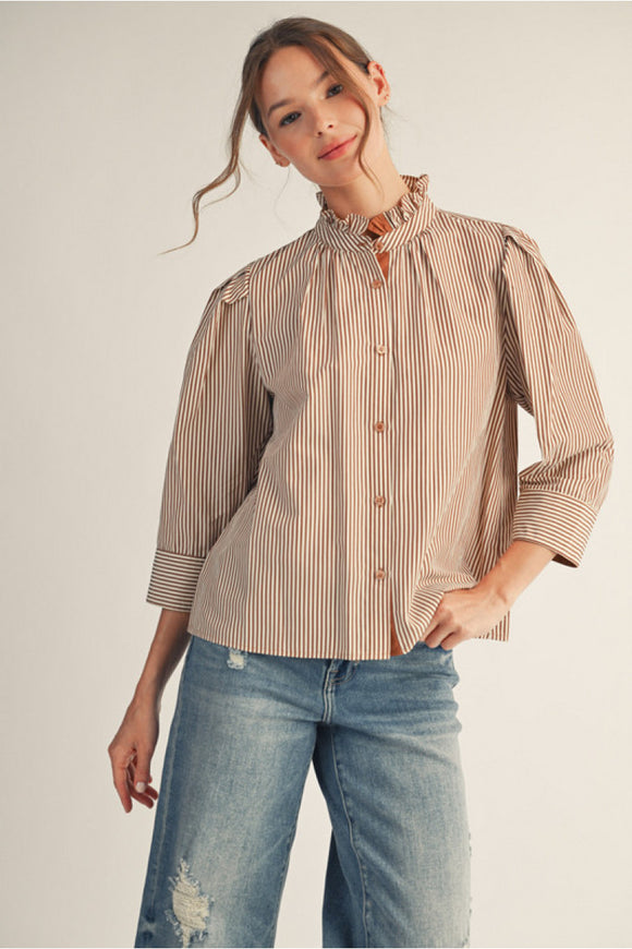 Mocha Stripe Button Top G14076