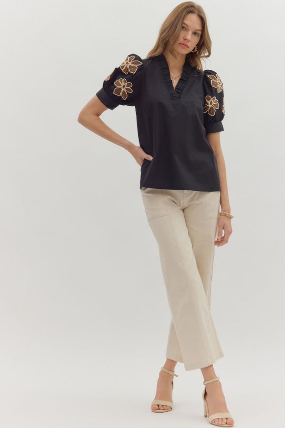 Black Embroidered Sleeve Top T27862