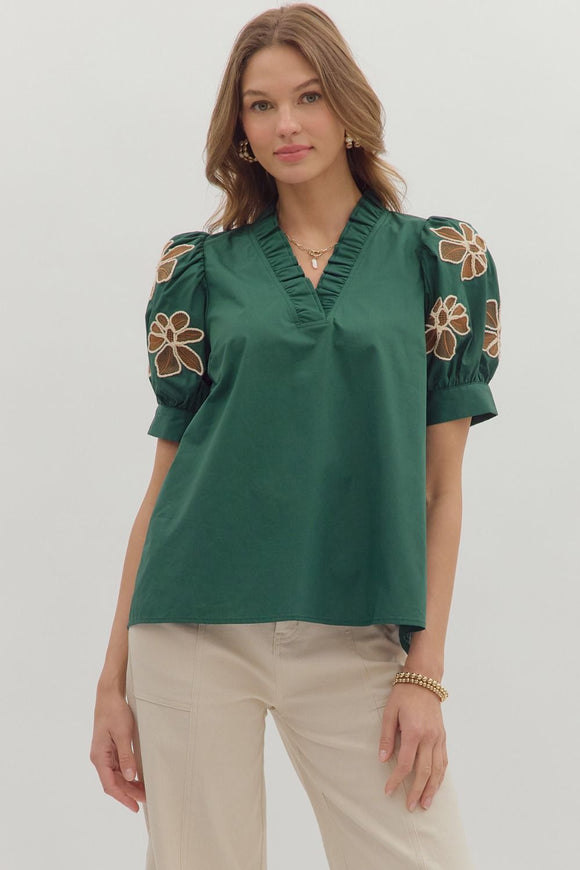 Green Embroidered Sleeve Top T27862