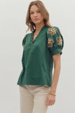 Green Embroidered Sleeve Top T27862