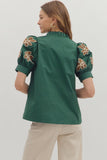 Green Embroidered Sleeve Top T27862