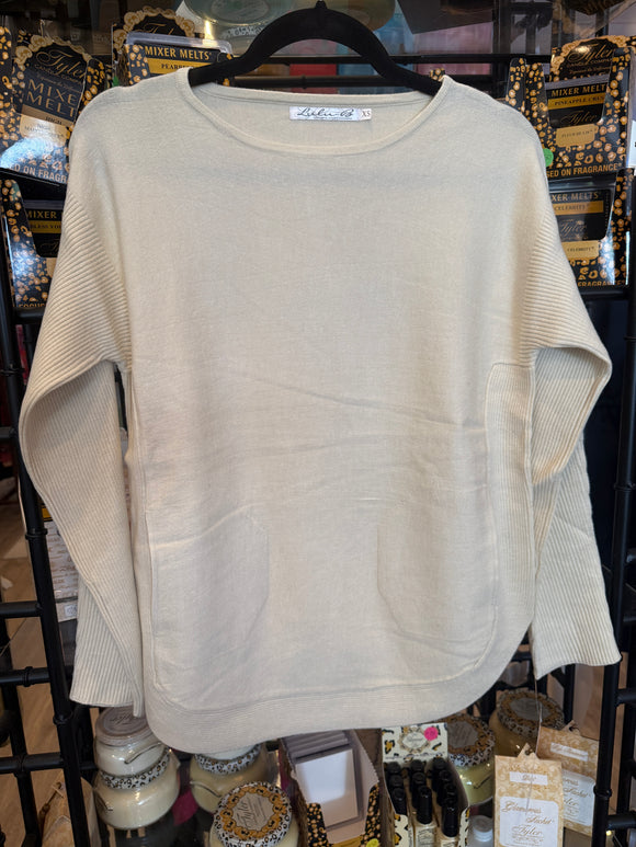 FX Cashmere 2-Pocket Scoop Neck Sweater- Stone