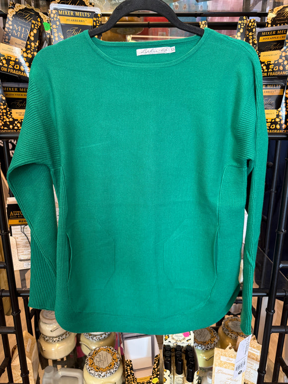 FX Cashmere 2-Pocket Scoop Neck Sweater- Emerald