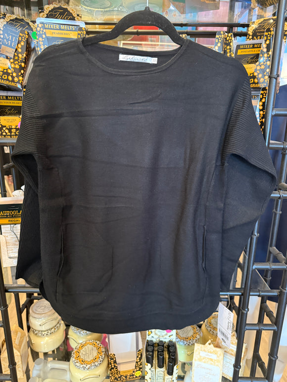 FX Cashmere 2-Pocket Scoop Neck Sweater- Black