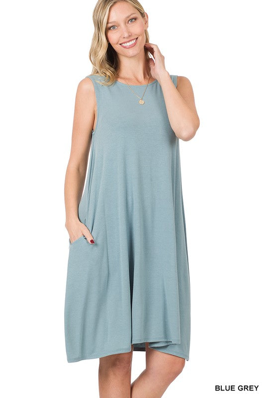 Sleeveless T-Shirt Dress w/ Pockets- Blue Grey