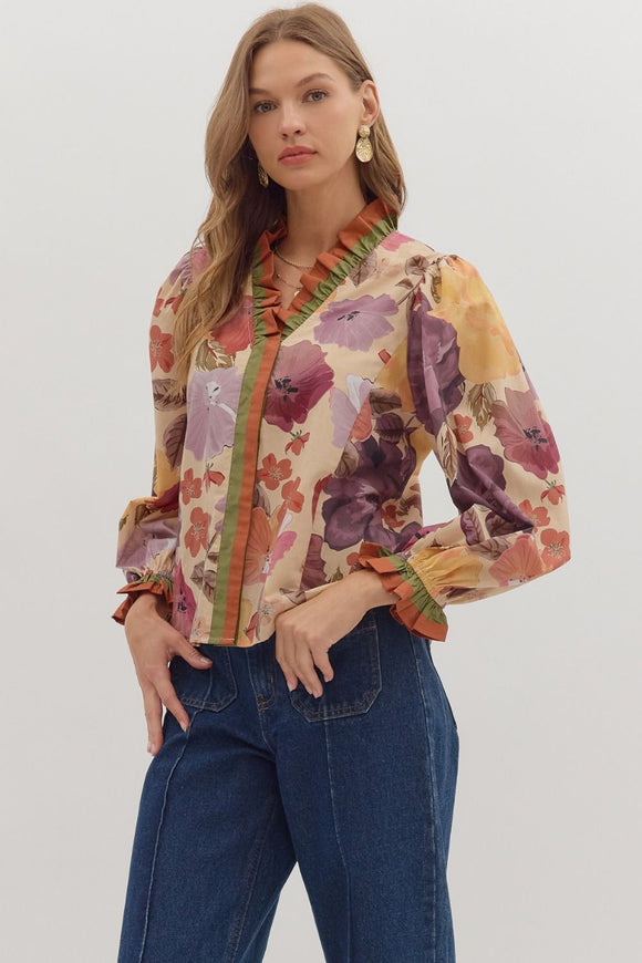 Ecru Floral Print Ruffle Top T28477
