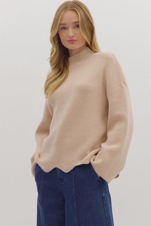 Oatmeal Scallop Hem Sweater T28821