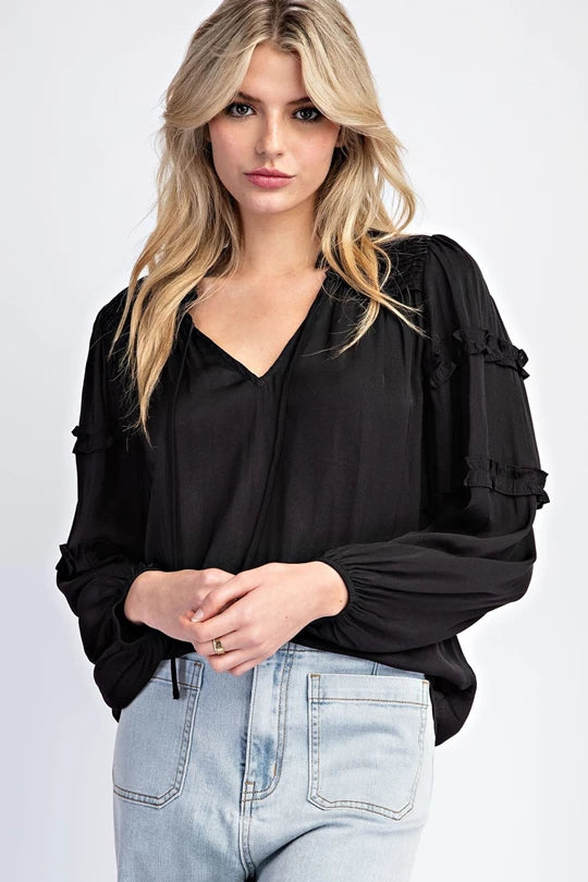 LONG SLEEVE RUFFLE BLOUSE TOP -Black