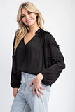 LONG SLEEVE RUFFLE BLOUSE TOP -Black